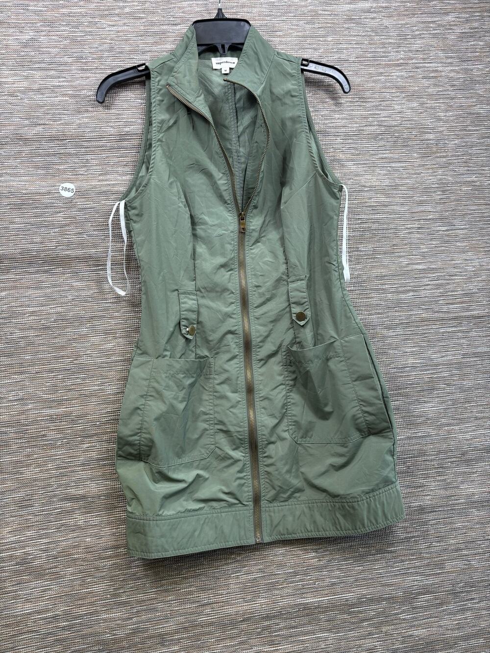 Superdown Vest Womens M Green Microfiber Anorak Long Full Zip Pockets Collared